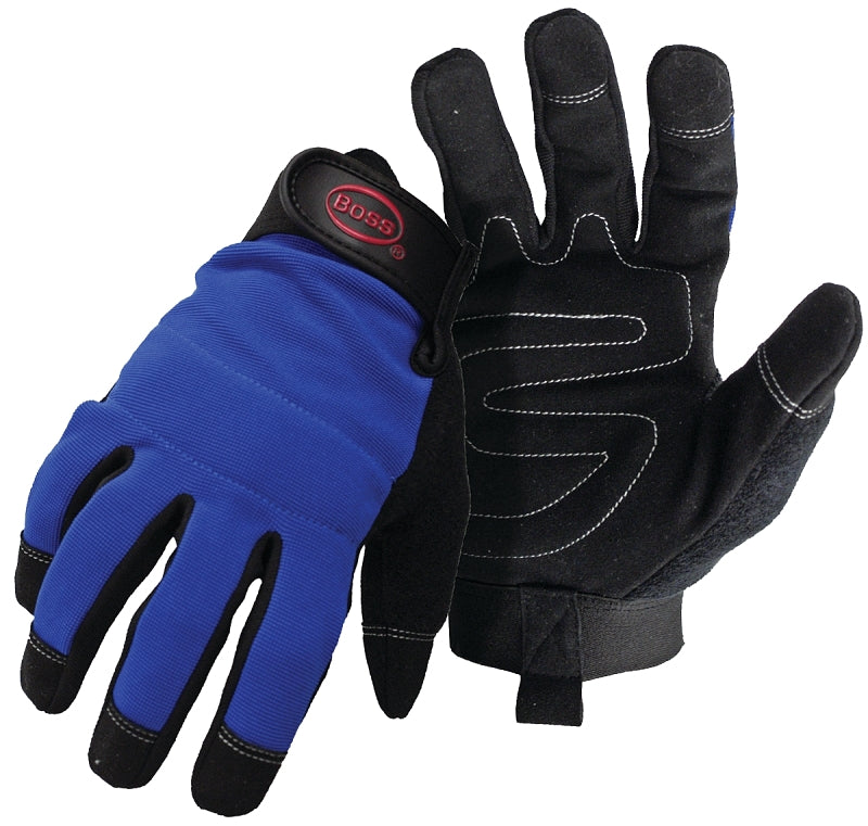 Boss 5205X Mechanic Gloves, Men's, XL, Reinforced Thumb, Wrist Strap Cuff, Blue
