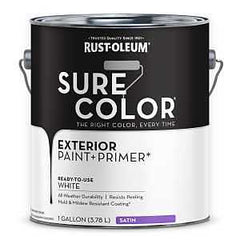 Rust-Oleum Sure Color 394678 Exterior Paint and Primer, Water, Satin, White, 1 gal Can, 400 sq-ft/gal Coverage Area