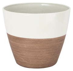 Landscapers Select Planter, 8 in Dia, Round, Resin, Ivory/Wood