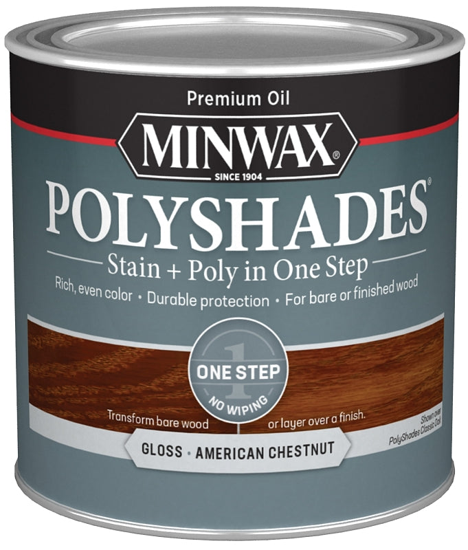 Minwax PolyShades 214754444 Wood Stain and Polyurethane, Gloss, American Chestnut, Liquid, 0.5 pt, Can
