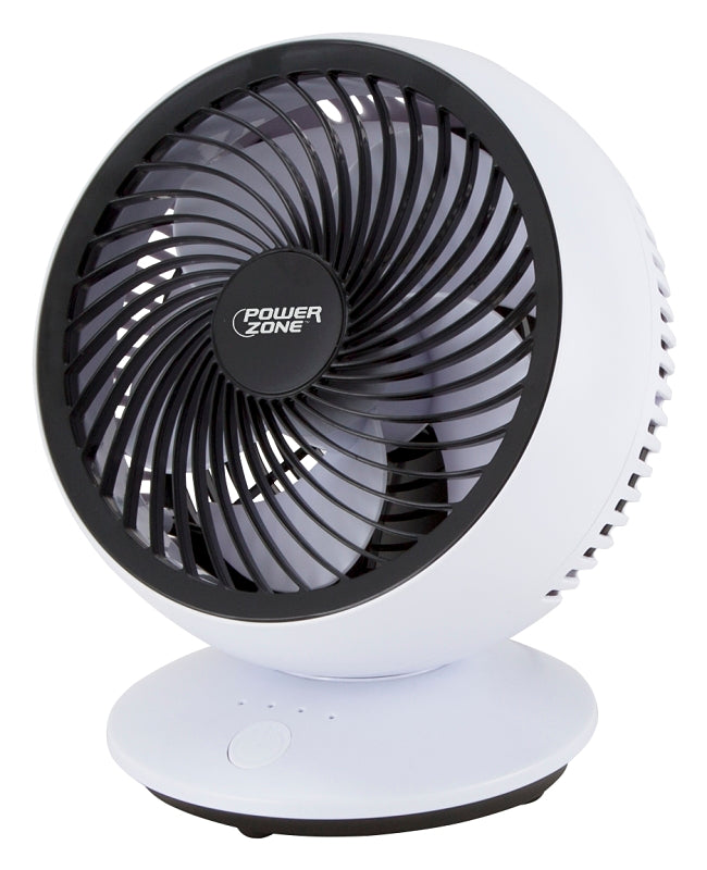 PowerZone QT-U608C USB Oscillating Fan, 5 VAC, 6 in Dia Blade, 3-Speed, 90 deg Rotating, White