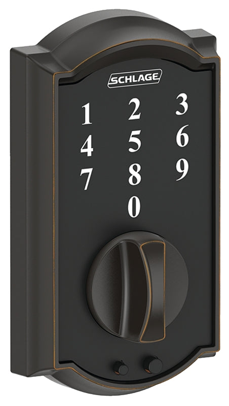 Schlage BE375 CAM 716 Electronic Dead Bolt, Aged Bronze, Residential, Grade 1 Grade, Metal, Thumb Turn Interior Handle