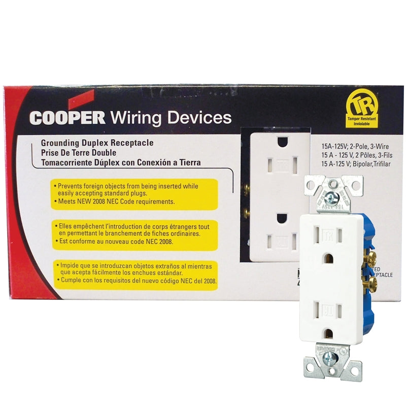 Eaton Wiring Devices TR1107W10 Duplex Receptacle, Nylon, White, 2-Pole, 15 A, 125 V, Push-in, Side Wiring, NEMA: 5-15R