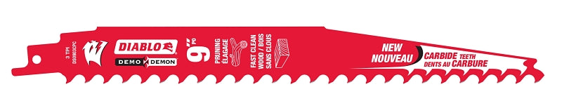 Diablo Demo Demon DS0903CPC Reciprocating Saw Blade, 1 in W, 9 in L, 3 TPI, Carbide Cutting Edge