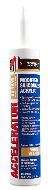 Tower Sealants ACCELERATOR TS-00017 Acrylic Silicone Sealant, White, 7 to 14 days Curing, 40 deg F, 10.5 fl-oz