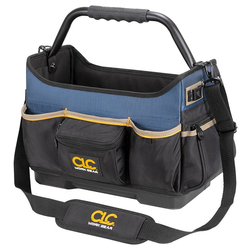 CLC TOOL WORKS PB1580 Molded-Base Open Top Tool Bag, 15 in W, 8 in D, 12 in H, 17-Pocket, Polyester, Black/Blue