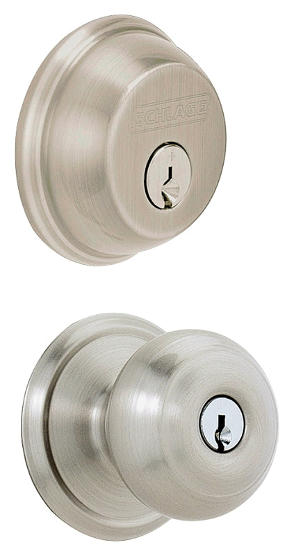 Schlage FB50NVGEO619 Deadbolt and Knobset, Mechanical Lock, Knob Handle, Round Design, Satin Nickel, Yes, Grade 1 Grade