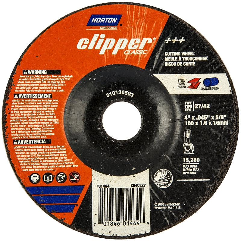 Norton Clipper Classic A AO Series 70184601464 Cut-Off Wheel, 4 in Dia, 0.045 in Thick, 5/8 in Arbor