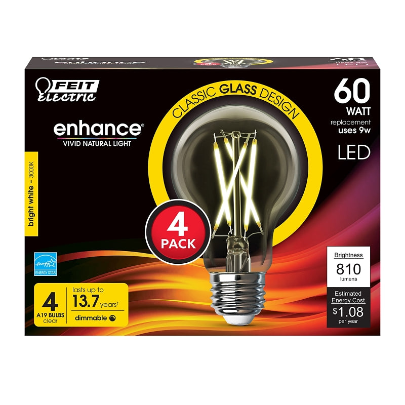 Feit Electric A1960CL930CA/FIL/4 Filament LED Bulb, Type A, A19 Lamp, 60 W Equivalent, E26 Lamp Base, Dimmable, Clear