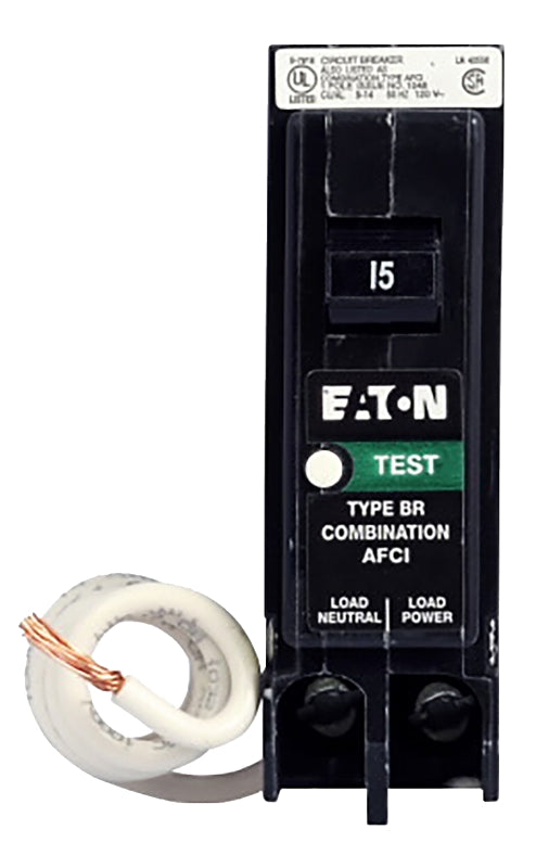 Eaton BRP115AF Circuit Breaker, Type BR Combination AFCI, 15 A, 1-Pole, 120 V, Plug