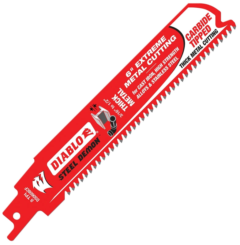 Diablo DS0608CF Reciprocating Saw Blade, 1 in W, 6 in L, 8 TPI, Carbide Cutting Edge
