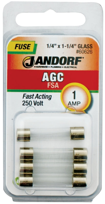 Jandorf 60626 Fast Acting Fuse, 1 A, 250 V, 35 A, 10 kA Interrupt, Glass Body