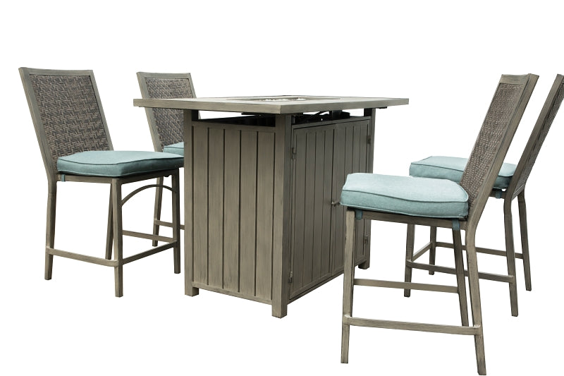 Seasonal Trends Bali MS22008 Bar Height Table Set, 5-Piece, 4 People Seating, Ceramic Tabletop, Blue Seat