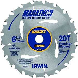 Irwin Marathon 24021 Circular Saw Blade, 6-1/2 in Dia, 5/8 in Arbor, 20-Teeth, Carbide Cutting Edge