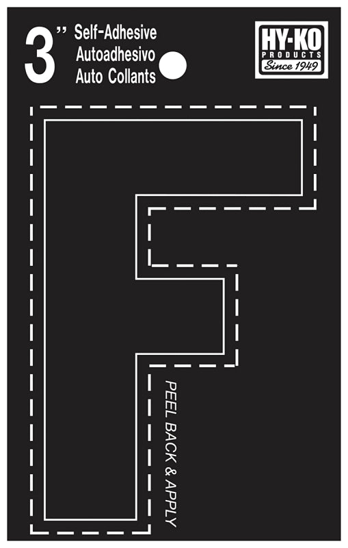 Hy-Ko 30400 Series 30416 Die-Cut Letter, Character: F, 3 in H Character, Black Character, Vinyl