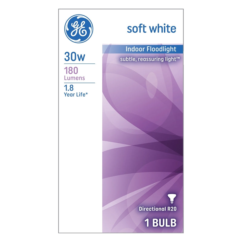 GE 14891 Light Bulb, 30 W, R20 Lamp, E26 Medium Lamp Base, 180 Lumens, 2600 K Color Temp, Soft White Light