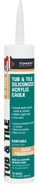 Tower Sealants TUB and TILE TS-00525 Silicone Acrylic Caulk, Clear, 7 to 14 days Curing, 40 to 120 deg F, 10.1 fl-oz