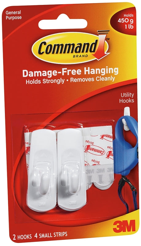 Command 17002 Utility Hook, 1 lb, 2-Hook, Plastic, White