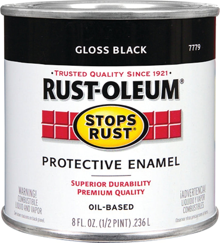 Rust-Oleum Stops Rust 7779730 Enamel Paint, Oil, Gloss, Black, 0.5 pt, Can, 50 to 90 sq-ft/qt Coverage Area