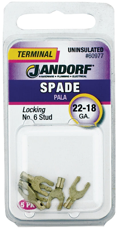 Jandorf 60977 Spade Terminal, 600 V, 22 to 18 AWG Wire, #6 Stud, Copper Contact