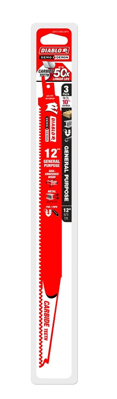 Diablo DS1209CGP3 Reciprocating Saw Blade, 12 in L, 6/9 TPI, Carbide Cutting Edge