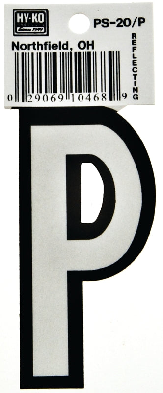 Hy-Ko PS-20/P Reflective Letter, Character: P, 3-1/4 in H Character, Black/White Character, Vinyl
