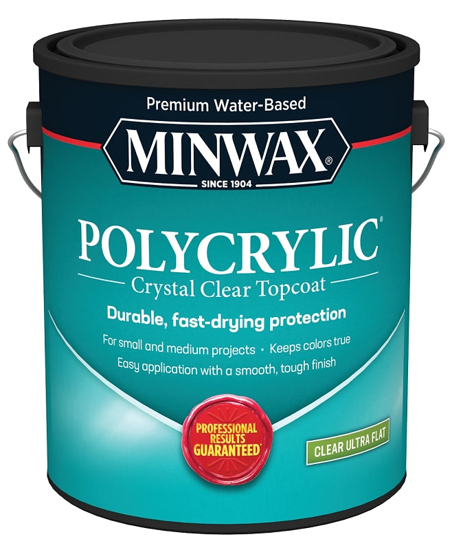 Minwax Polycrylic 111110000 Protective Finish, Ultra-Flat, Liquid, Clear, 1 gal