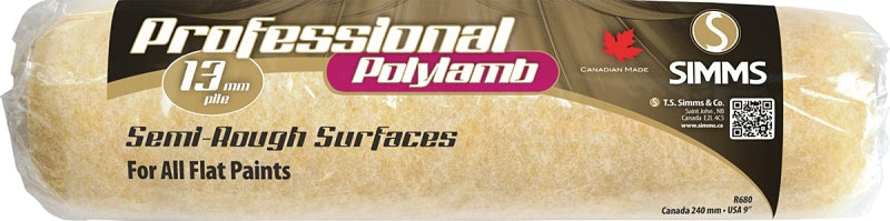 Polylamb Professional R-680 Roller Cover, 1/2 in Thick Nap, 9-1/2 in L, Nylon/Polyester Cover