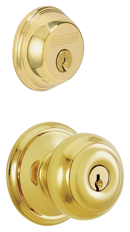 Schlage FB50VGEO505 Deadbolt and Knobset, Mechanical Lock, Knob Handle, Round Design, Bright Brass, Yes, Grade 1 Grade