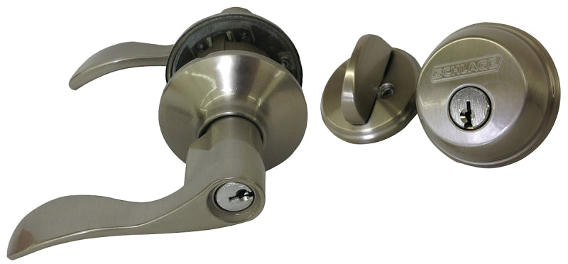 Schlage FB50NVACC619 Deadbolt and Knobset, Mechanical Lock, Lever Handle, Wave Design, Satin Nickel, Yes, Grade 1 Grade