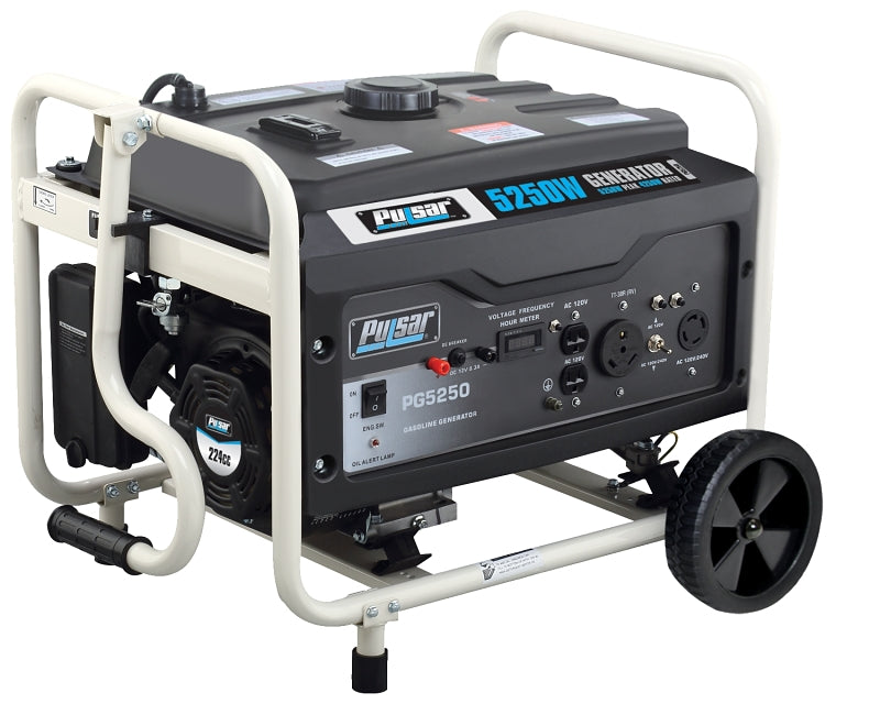 Pulsar PG5250 Portable Generator, 30 A, 12/240 VAC, Gas, 4 gal Tank, 15 hr Run Time, Recoil Start, Black/White Housing