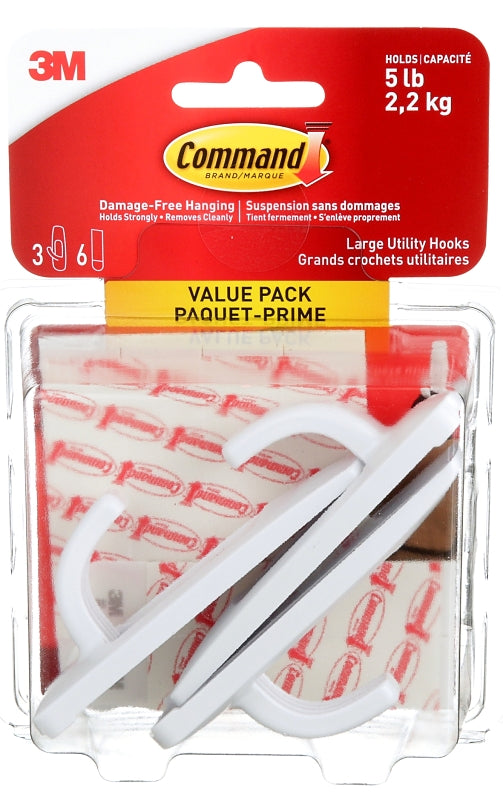 Command 17003C-VP Large Utility Hook, 5 lb, 3-Hook, Plastic, White