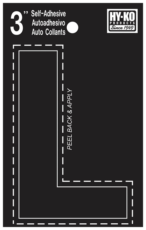Hy-Ko 30400 Series 30422 Die-Cut Letter, Character: L, 3 in H Character, Black Character, Vinyl