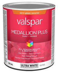 Medallion Plus 029.1027002.005 Exterior Paint and Primer, Acrylic, Semi-Gloss, Ultra White, 1 qt