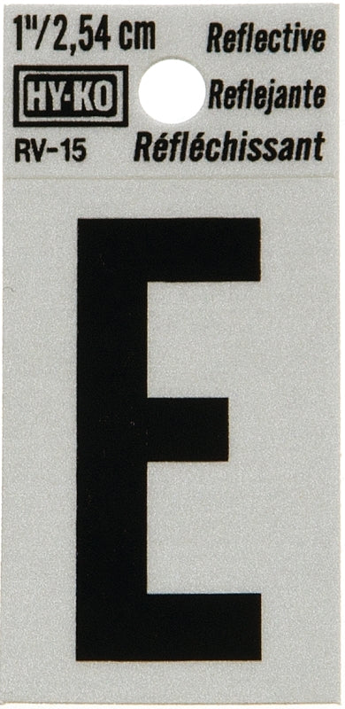 Hy-Ko RV-15/E Reflective Letter, Character: E, 1 in H Character, Black Character, Silver Background, Vinyl