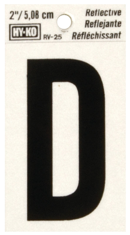 Hy-Ko RV-25/D Reflective Letter, Character: D, 2 in H Character, Black Character, Silver Background, Vinyl