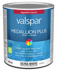 Medallion Plus 029.1022002.005 Interior Paint and Primer, Acrylic, Eggshell, Ultra White, 1 qt, 37 sq-m Coverage Area