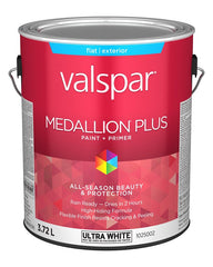 Medallion Plus 029.1025002.007 Exterior Paint and Primer, Acrylic, Flat, Ultra White, 1 gal, 400 sq-ft/gal Coverage Area