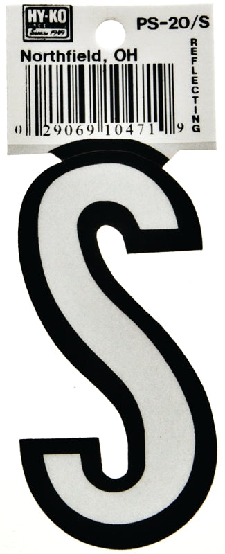 Hy-Ko PS-20/S Reflective Letter, Character: S, 3-1/4 in H Character, Black/White Character, Vinyl