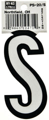 Hy-Ko PS-20/S Reflective Letter, Character: S, 3-1/4 in H Character, Black/White Character, Vinyl