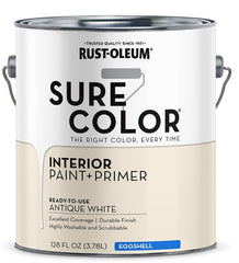 Rust-Oleum Sure Color 380221 Interior Wall Paint, Eggshell, Antique White, 1 gal, Can, 400 sq-ft Coverage Area