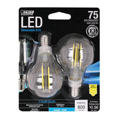 Feit Electric BPA1575C/850/FIL/2 LED Light Bulb, A15 Lamp, 75 W Equivalent, E12 Candelabra Lamp Base, Dimmable, Clear