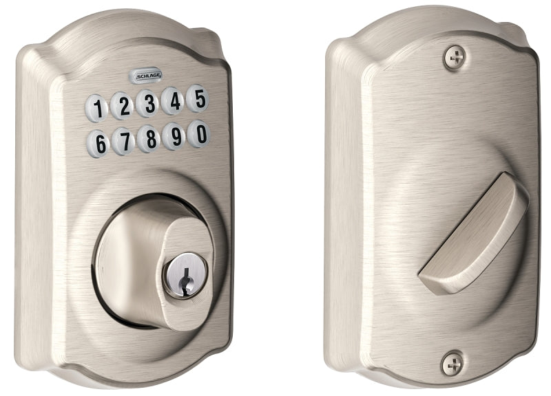 Schlage BE365VCAM619 Electronic Dead Bolt, Satin Nickel, Residential, Grade 1 Grade, Metal, Turn-Piece Interior Handle
