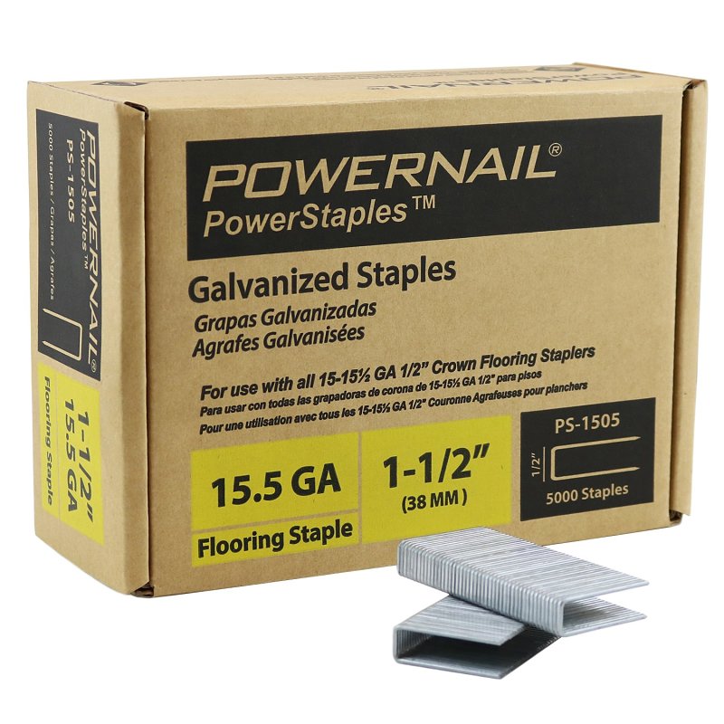 Powernail PowerStaples PS1505 Flooring Staple, 1/2 in W Crown, 1-1/2 in L Leg, 15.5 ga, Carbon Steel, Galvanized/Zinc