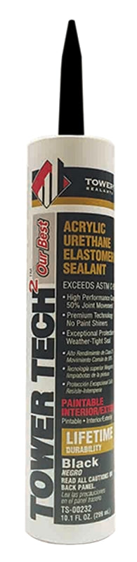 Tower Sealants TOWER TECH2 TS-00232 Elastomeric Sealant, Black, 7 to 14 days Curing, 40 to 140 deg F, 10.1 fl-oz Tube