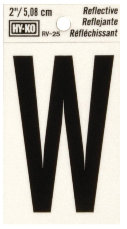 Hy-Ko RV-25/W Reflective Letter, Character: W, 2 in H Character, Black Character, Silver Background, Vinyl