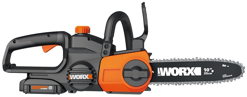 WORX WG322 Auto-Tension Chainsaw, 20 V Battery, 10 in L Bar/Chain, 3/8 in Bar/Chain Pitch, Black