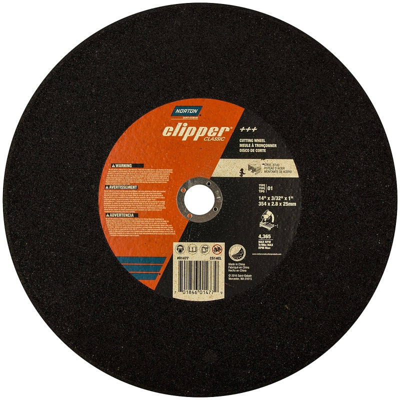 Norton Clipper Classic A AO Series 70184601477 Cut-Off Wheel, 14 in Dia, 3/32 in Thick, 1 in Arbor