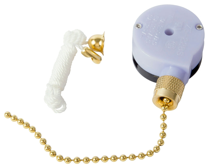 GB GSW-33 Pull Chain Switch, 1-Pole, 125 VAC, 6 A, Brass
