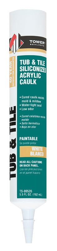 Tower Sealants TUB and TILE TS-00535 Silicone Acrylic Caulk, White, 7 to 14 days Curing, 40 to 120 deg F, 5.5 fl-oz Tube